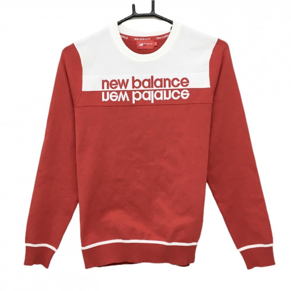 ニューバランスゴルフ セーター レッド×白 フロントロゴ ニット レディース 2(L) ゴルフウェア New Balance