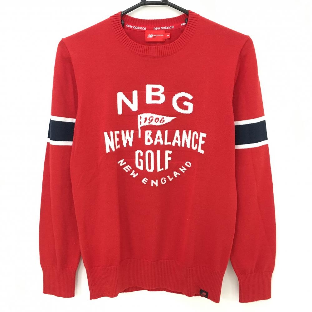 ニューバランスゴルフ セーター レッド×ネイビー 袖ライン ウール混 ニット レディース 2(L) ゴルフウェア New Balance