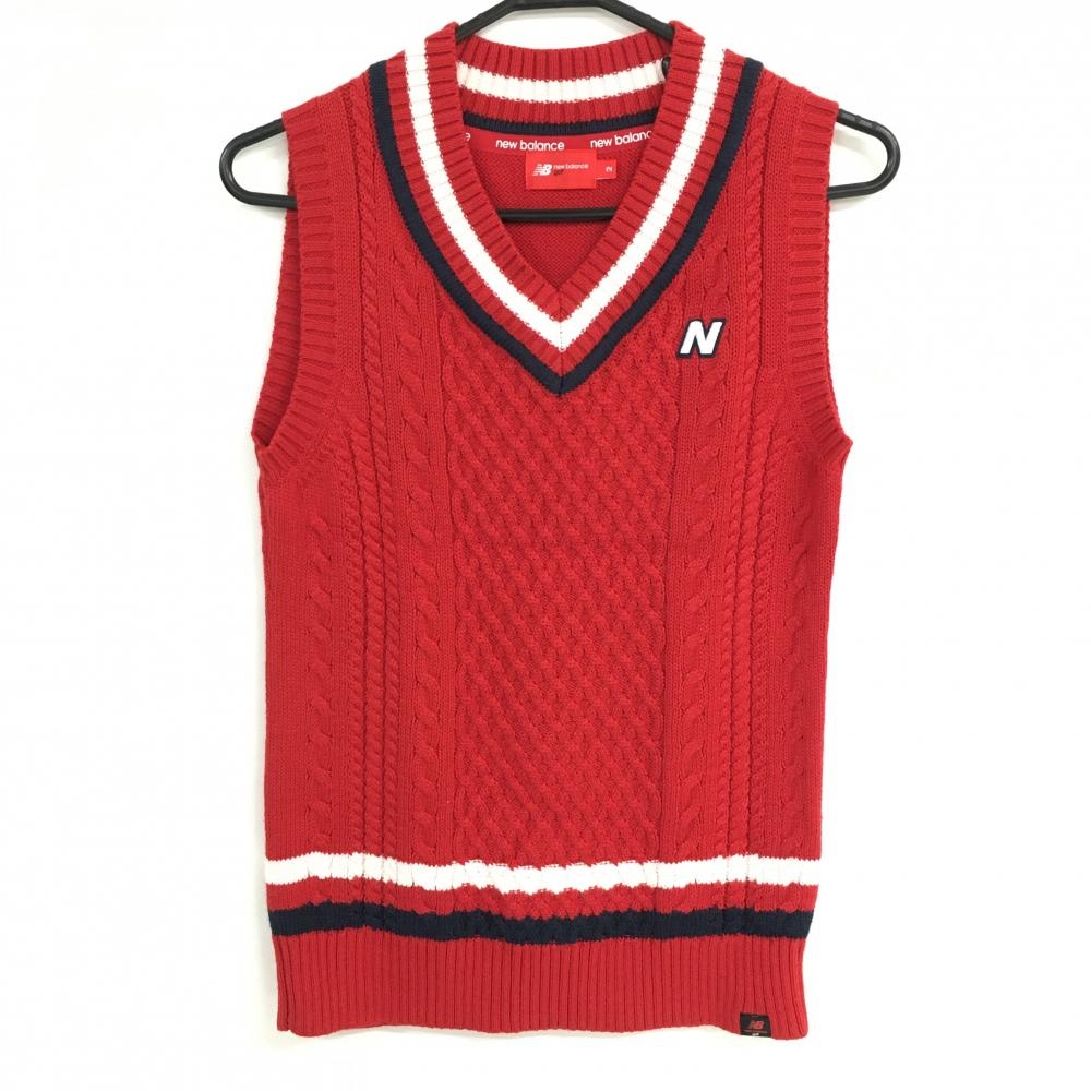 【超美品】ニューバランス ニットベスト レッド×白 ケーブル編み Vネック ウール混 レディース 2(L) ゴルフウェア New Balance