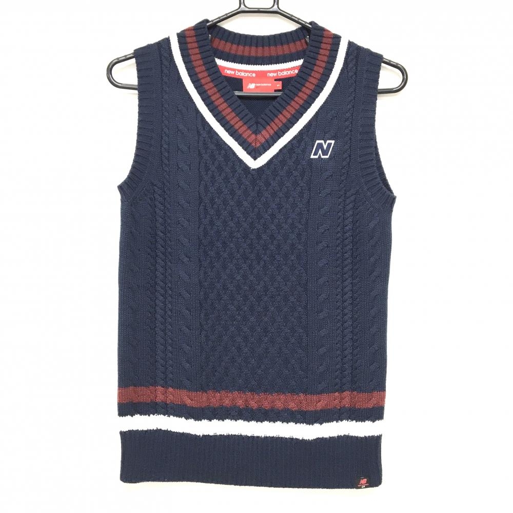 【超美品】ニューバランスゴルフ ニットベスト ネイビー×ボルドー ケーブル編み ウール混 レディース L ゴルフウェア New Balance