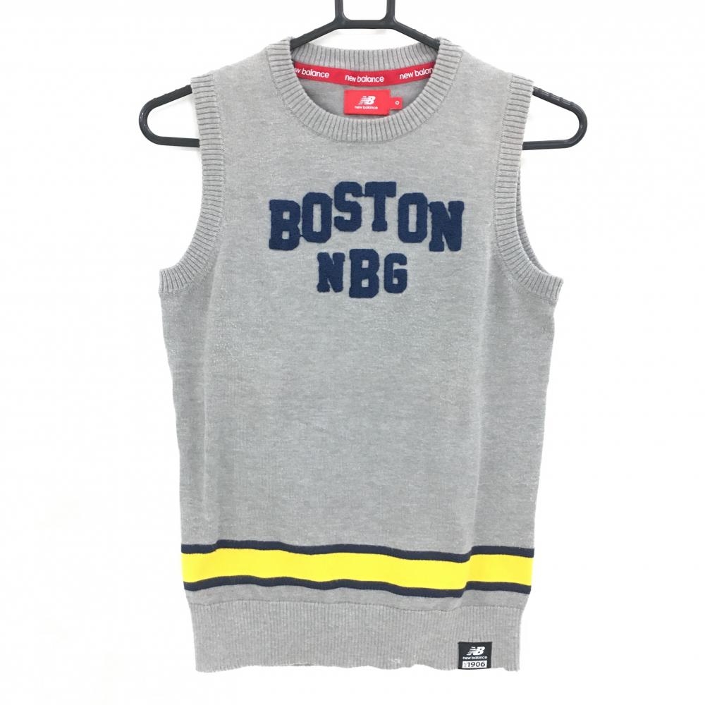 ニューバランス ニットベスト グレー×ネイビー パイル地ワッペン コットン混 レディース 0(S) ゴルフウェア New Balance