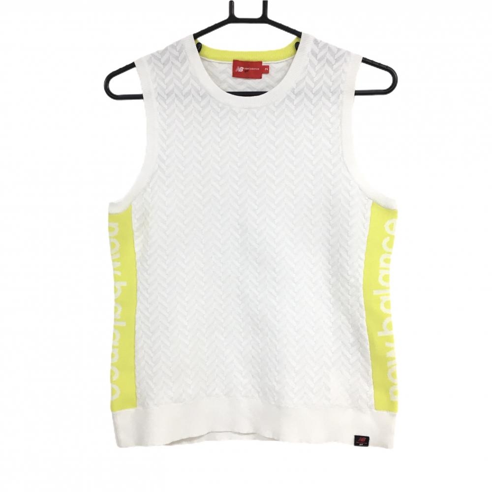 【美品】ニューバランスゴルフ ニットベスト 白×イエロー サイドロゴ  レディース 2(L) ゴルフウェア New Balance