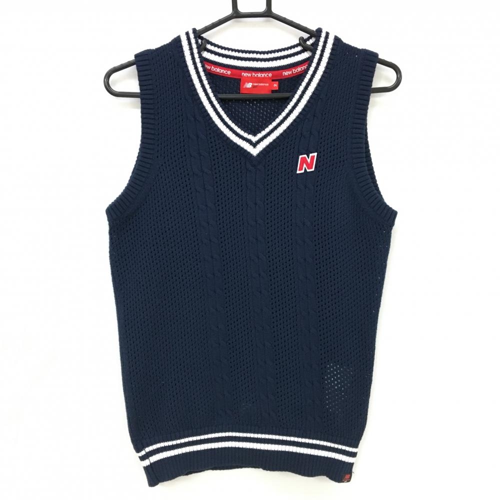 【超美品】ニューバランスゴルフ ニットベスト ネイビー×白 前面ケーブル編み 透かし編み レディース 2(L) ゴルフウェア New Balance