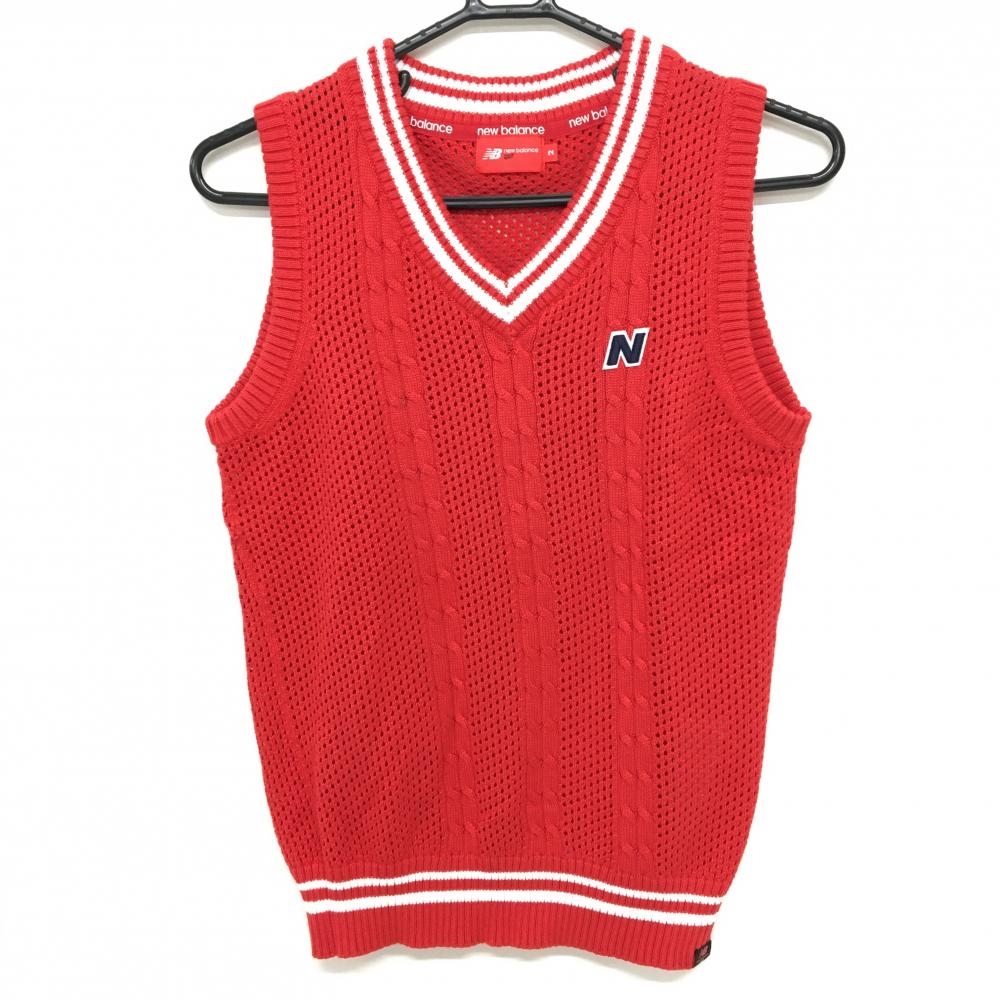 【超美品】ニューバランスゴルフ ニットベスト レッド×白 Vネック 透かし編み ロゴワッペン レディース 2(L) ゴルフウェア New Balance