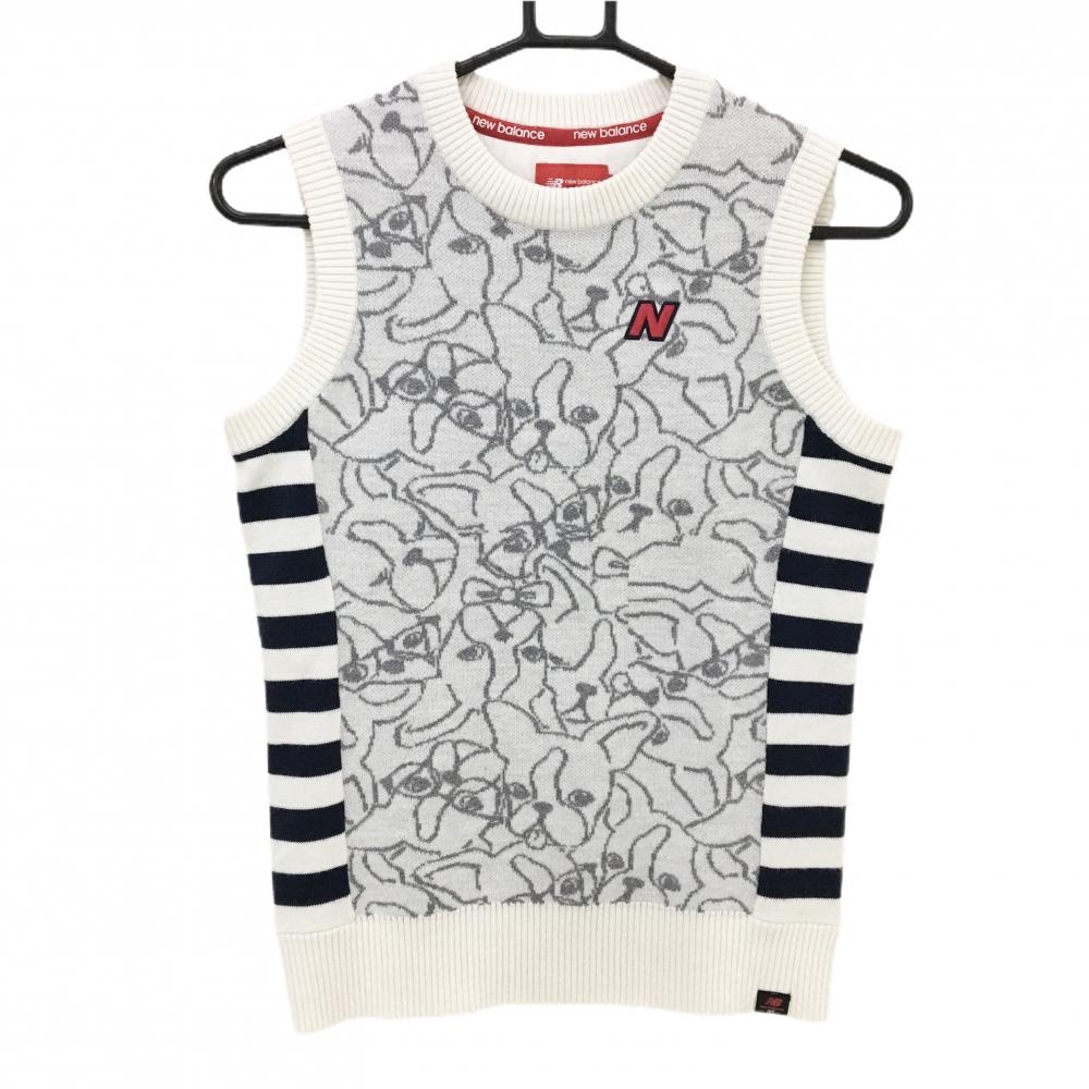 【美品】ニューバランスゴルフ ニットベスト 白×グレー ボストンテリア柄 サイドボーダー レディース 0(S) ゴルフウェア New Balance