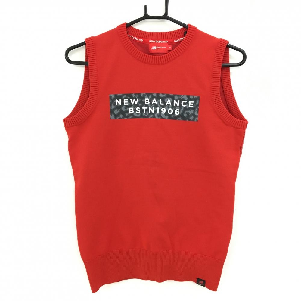 【超美品】ニューバランスゴルフ ニットベスト レッド 後ろレオパード編み ヒョウ柄 ウール混 レディース 1(M) ゴルフウェア New Balance