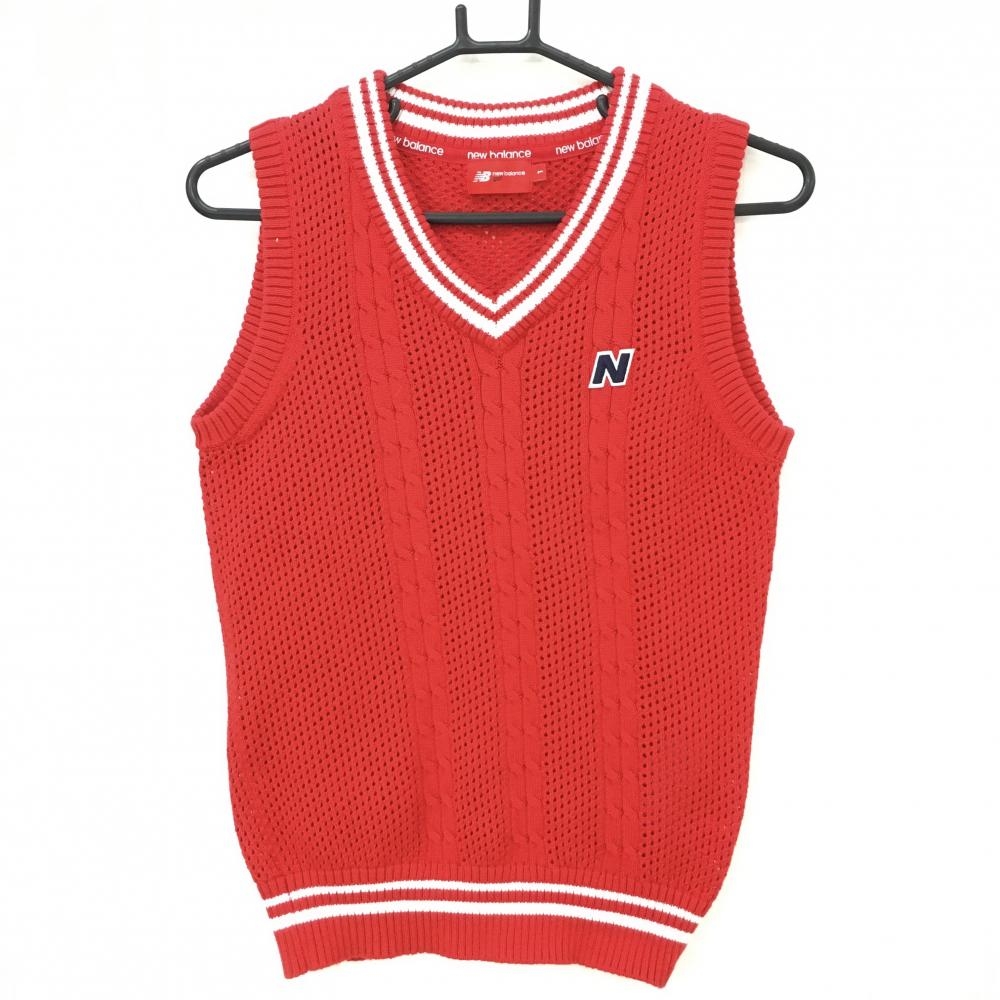 【超美品】ニューバランス ニットベスト レッド×白 Vネック コットン混 透かし編み レディース 1(M) ゴルフウェア New Balance