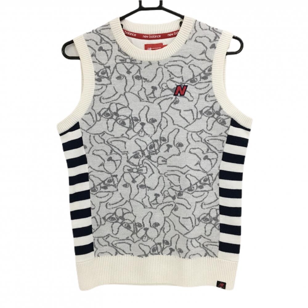 ニューバランスゴルフ ニットベスト 白×グレー ボストンテリア サイドボーダー  レディース 2(L) ゴルフウェア New Balance