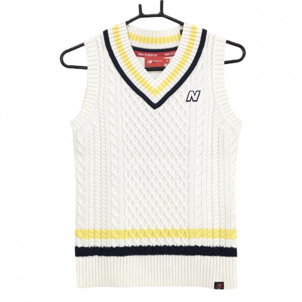ニューバランスゴルフ ニットベスト 白×ネイビー ケーブル編み Vネック ロゴ刺しゅう ウール混 レディース 0(S) ゴルフウェア New Balance
