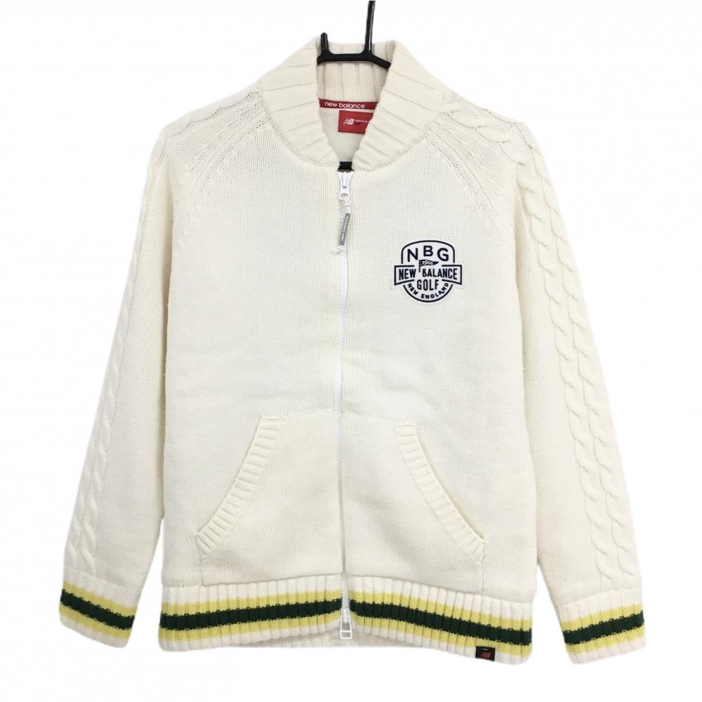 ニューバランスゴルフ ニットジャケット 白×イエロー×グリーン 一部ケーブル編み  レディース 1(M) ゴルフウェア New Balance