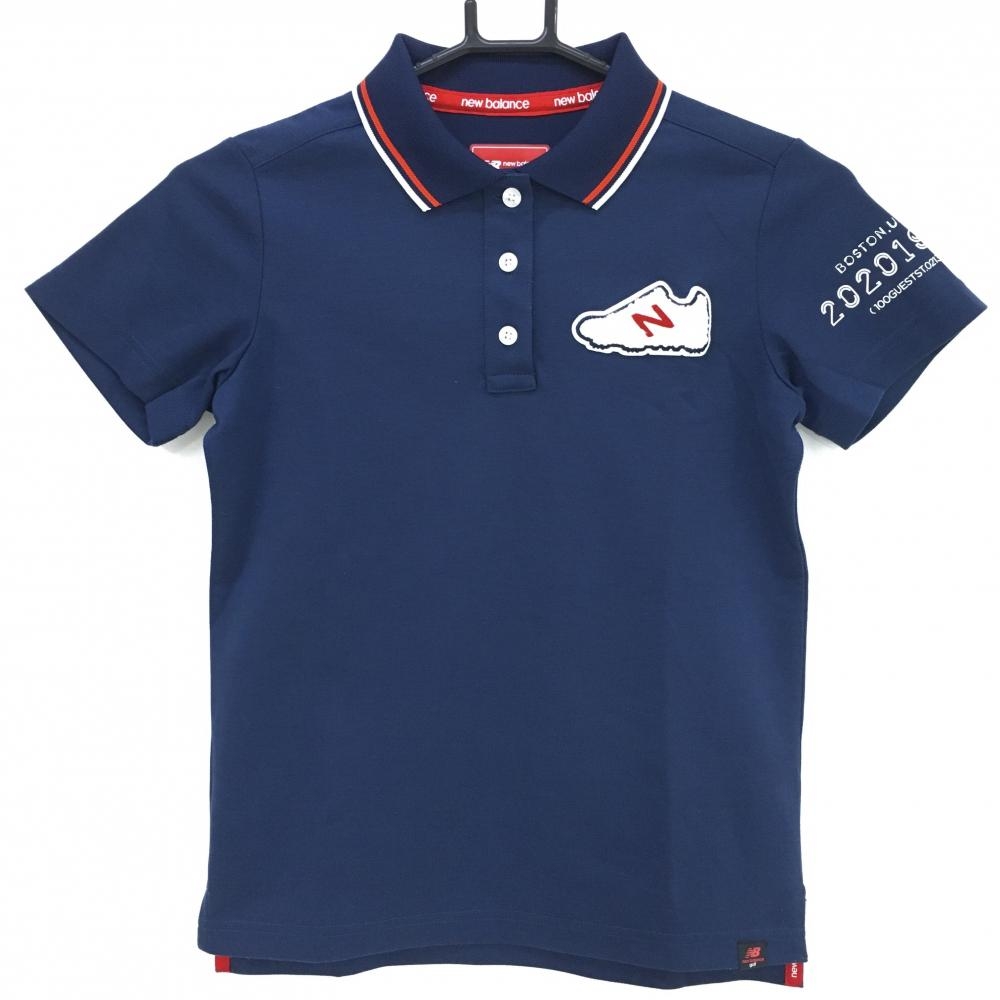 【美品】ニューバランスゴルフ 半袖ポロシャツ ネイビー スニーカーワッペン 袖プリント レディース 0(S) ゴルフウェア New Balance