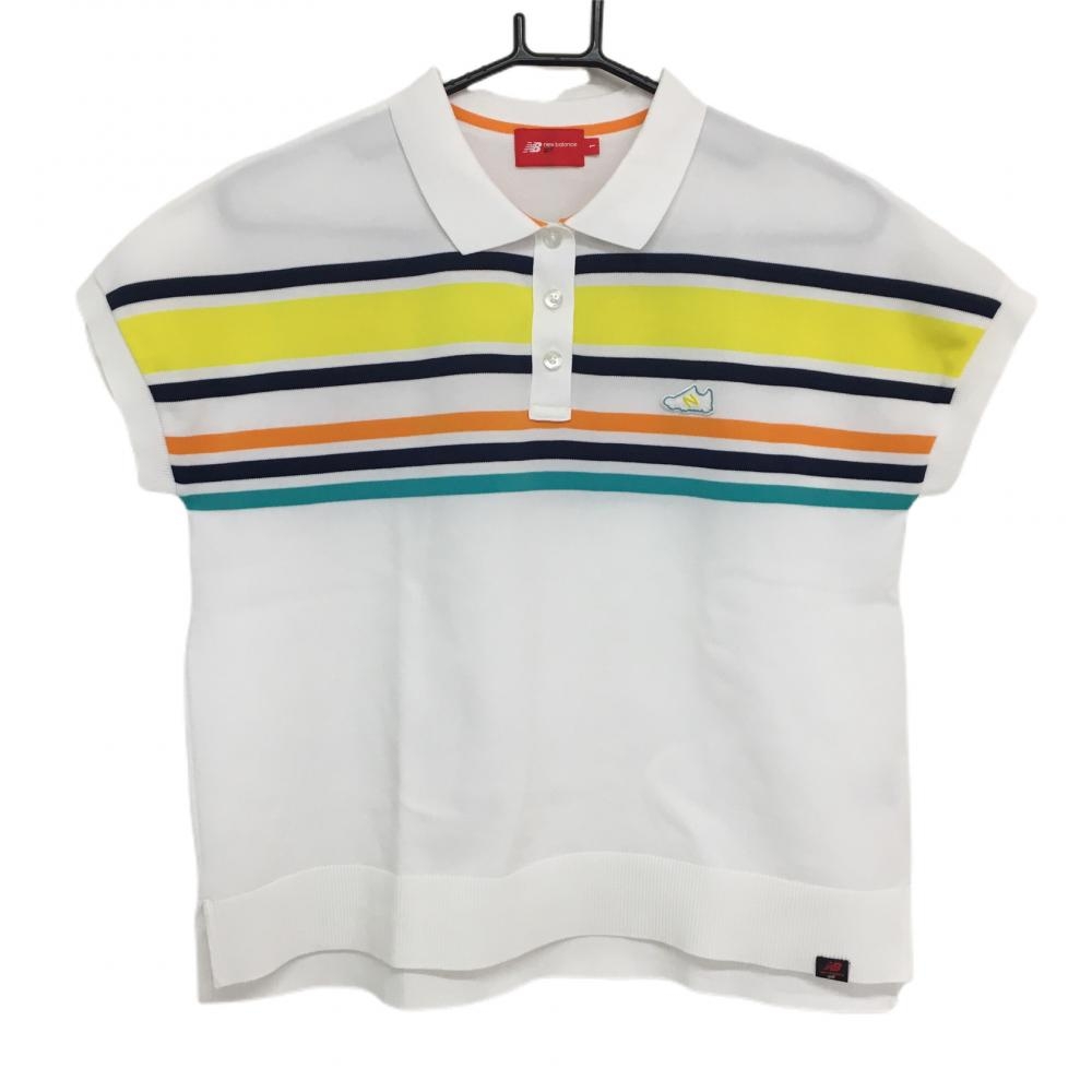 【美品】ニューバランスゴルフ 半袖ポロシャツ白×ネイビー 一部ボーダー柄 スニーカーワッペン レディース 1(M) ゴルフウェア New Balance
