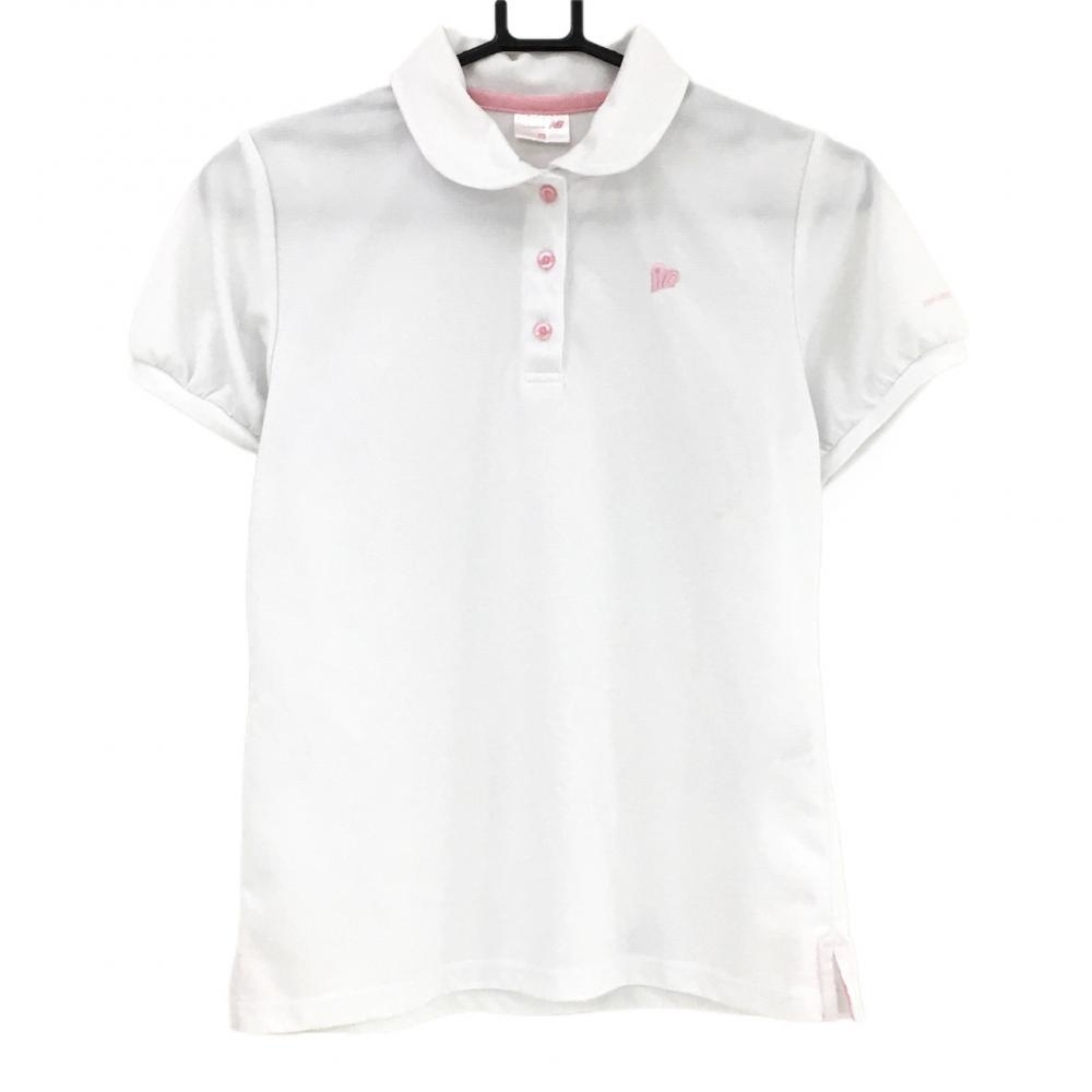 ニューバランス 半袖ポロシャツ 白×ピンク パフスリーブ 織生地 刺しゅう レディース M ゴルフウェア New Balance