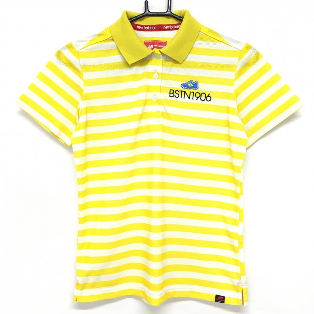 【美品】ニューバランスゴルフ 半袖ポロシャツ イエロー×アイボリー ボーダー柄  レディース 1(M) ゴルフウェア New Balance