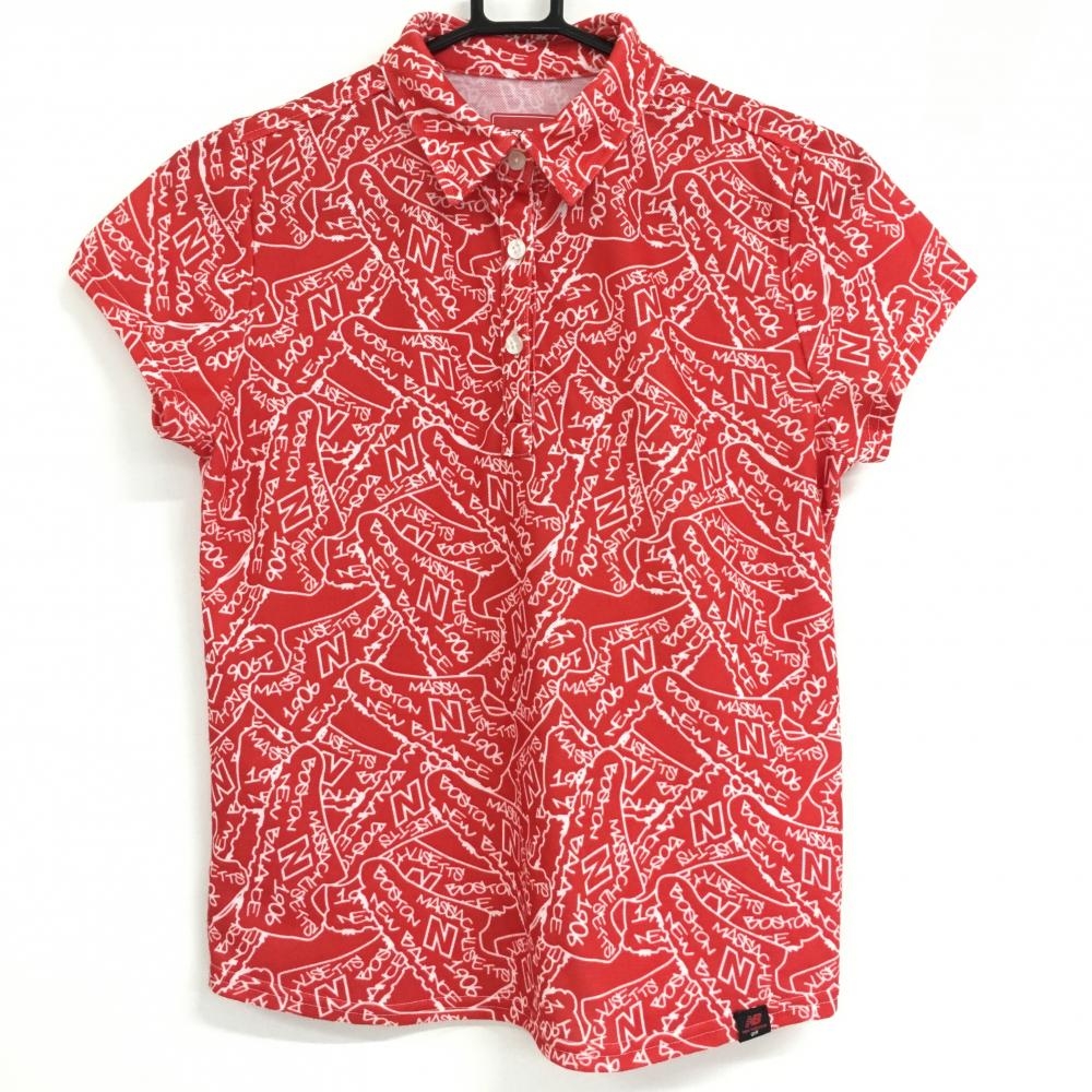 【美品】ニューバランスゴルフ 半袖ポロシャツ レッド×白 総柄 レディース 0(S) ゴルフウェア New Balance