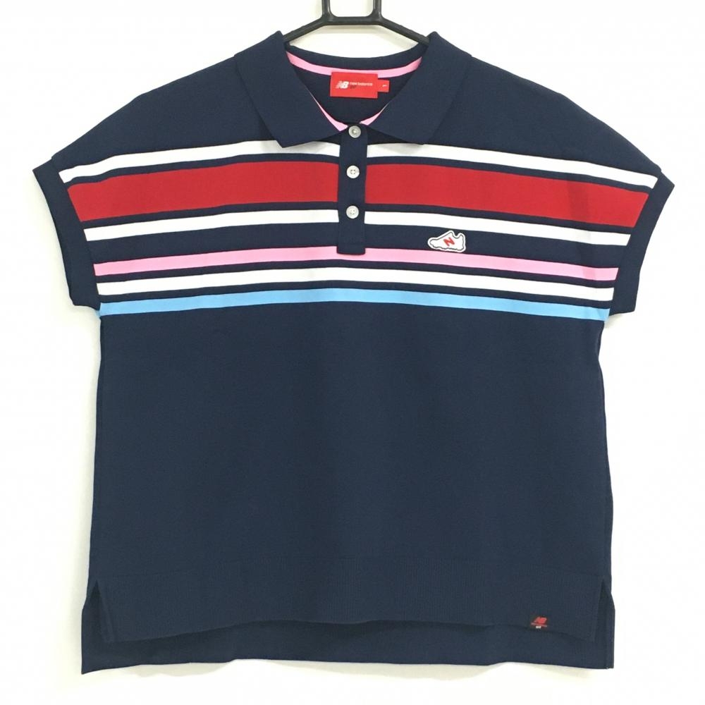 【超美品】ニューバランスゴルフ 半袖ニットポロシャツ ネイビー×レッド 胸元ボーダー  レディース 1(M) ゴルフウェア New Balance