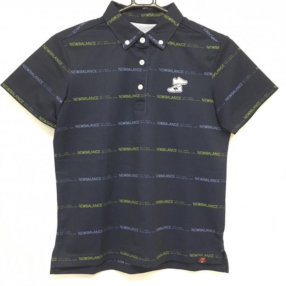 【美品】ニューバランスゴルフ 半袖ポロシャツ ネイビー×ライトグリーン ロゴボーダー  レディース 1(M) ゴルフウェア New Balance