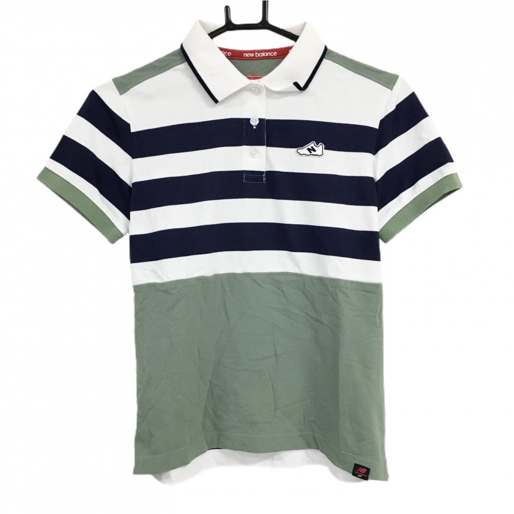 【超美品】ニューバランスゴルフ 半袖ポロシャツ 白×ネイビー×ライトグリーン 一部ボーダー  レディース 1(M) ゴルフウェア New Balance