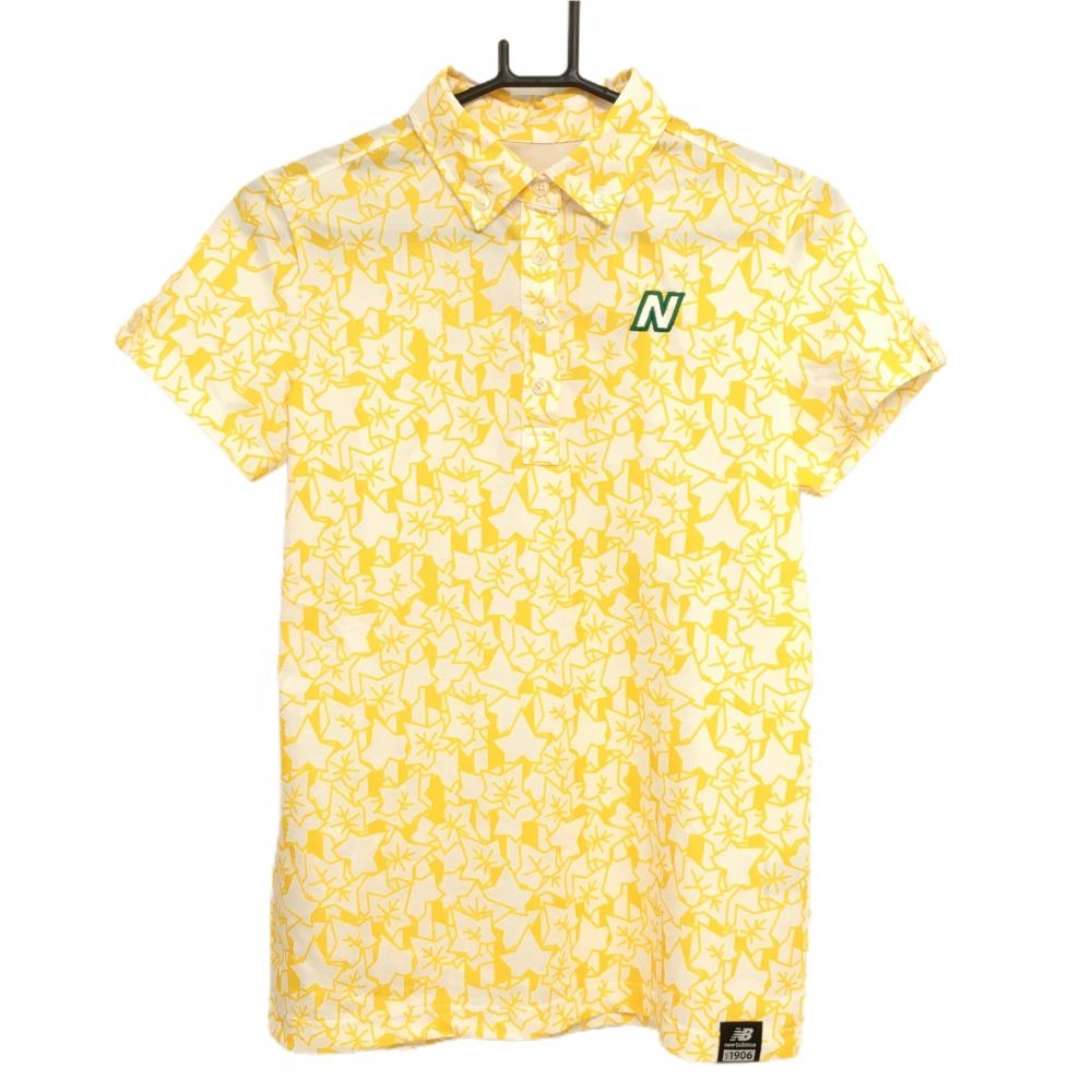 【超美品】ニューバランス 半袖ポロシャツ 白×イエロー リーフ柄 ボタンダウン レディース 2(L) ゴルフウェア New Balance