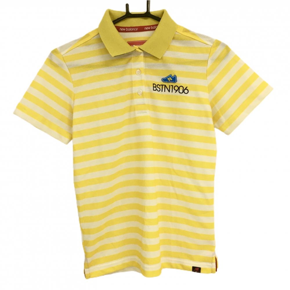【超美品】ニューバランスゴルフ 半袖ポロシャツ イエロー×白 ボーダー シューズワッペン レディース 1(M) ゴルフウェア New Balance