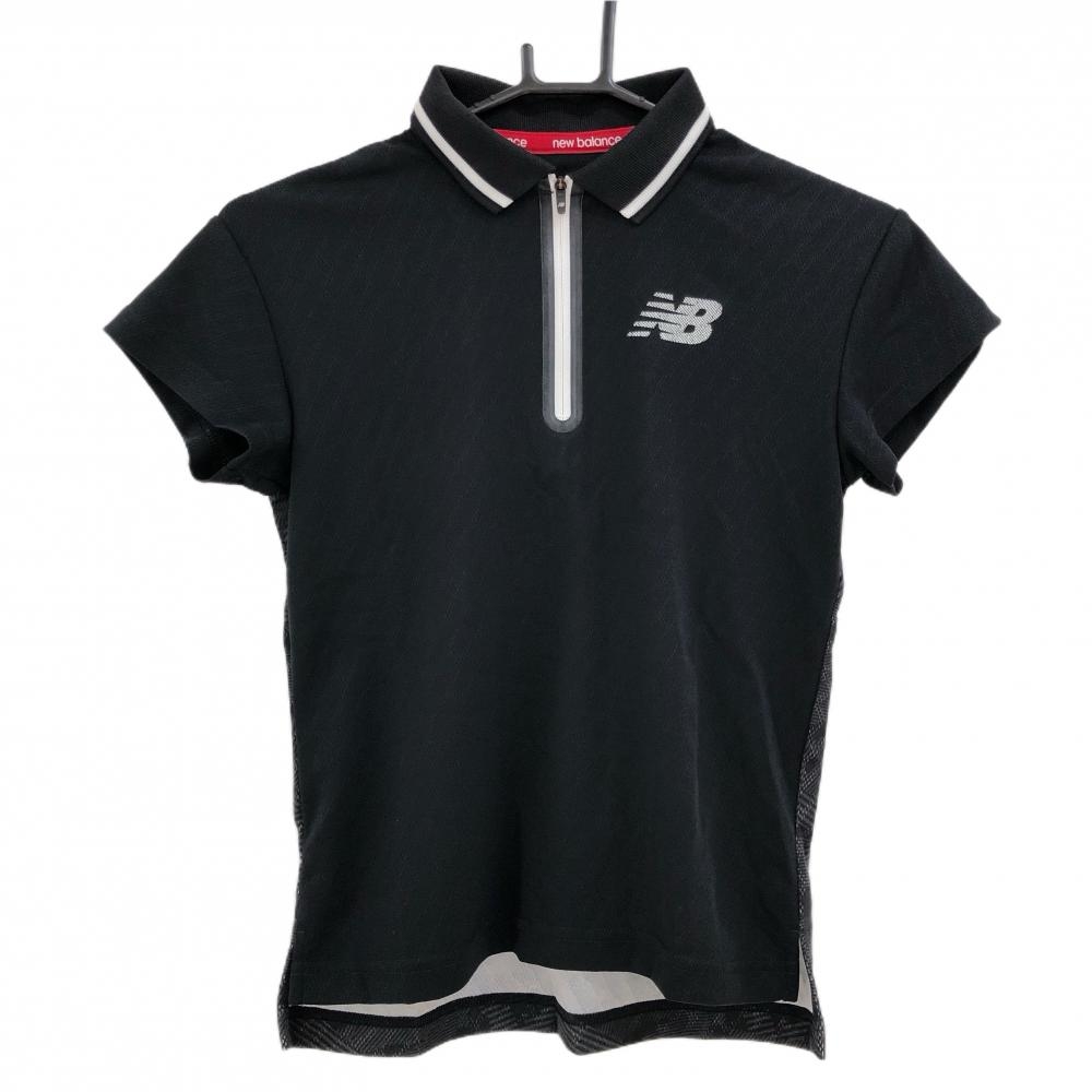 【超美品】ニューバランスゴルフ 半袖ポロシャツ 黒×白 地模様 背面総柄 ロゴプリント レディース 0(S) ゴルフウェア New Balance