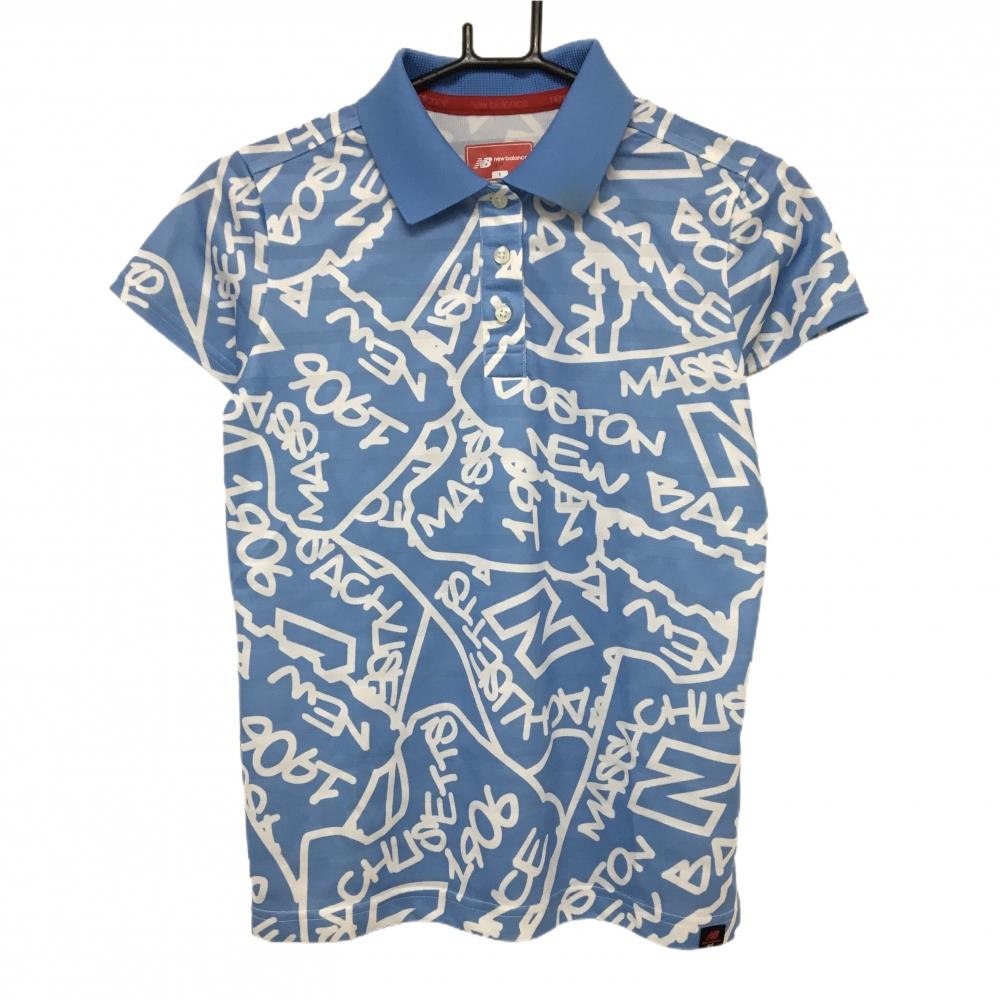 ニューバランスゴルフ 半袖ポロシャツ ライトブルー×白 総柄 ボーダー織生地  レディース 1(M) ゴルフウェア New Balance
