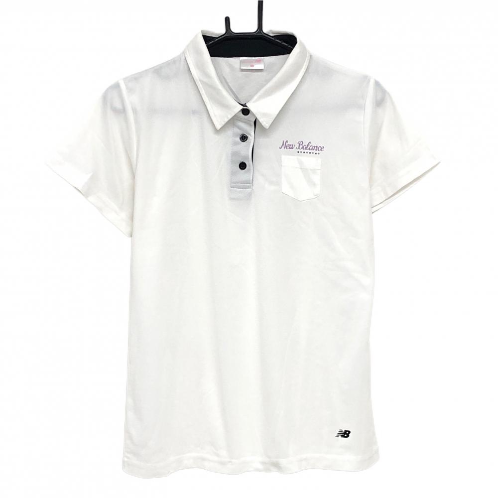 【美品】ニューバランス 半袖ポロシャツ 白 前立て・ネック内側黒 ロゴプリント レディース LL ゴルフウェア New Balance
