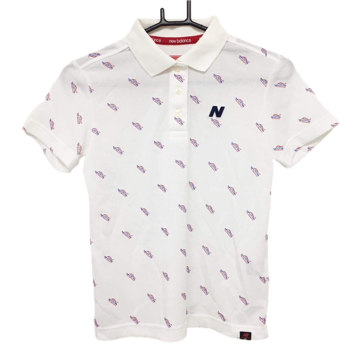 【美品】ニューバランスゴルフ 半袖ポロシャツ 白×レッド ロゴ総柄 ワッペン レディース 0(S) ゴルフウェア New Balance