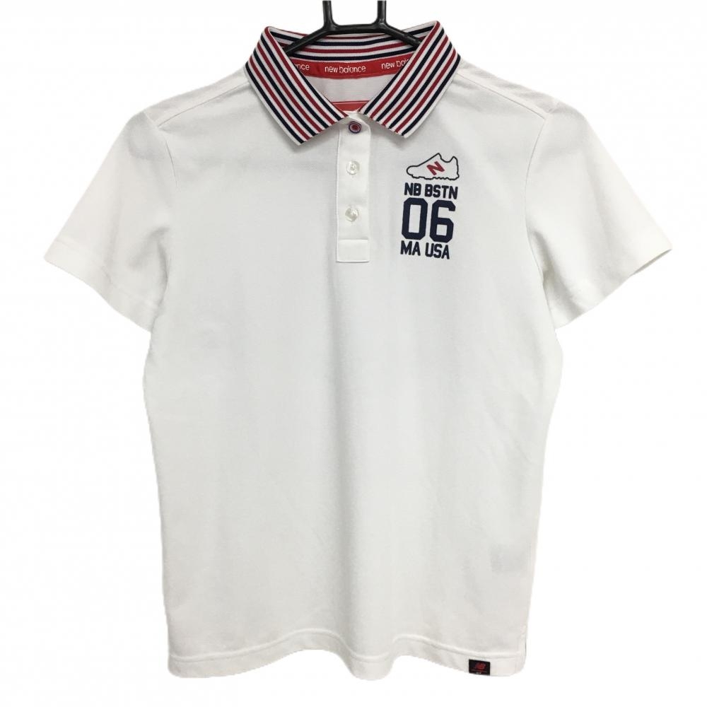 【美品】ニューバランスゴルフ 半袖ポロシャツ 白×ネイビー×レッド 襟ボーダー 胸ロゴ レディース 2 ゴルフウェア New Balance