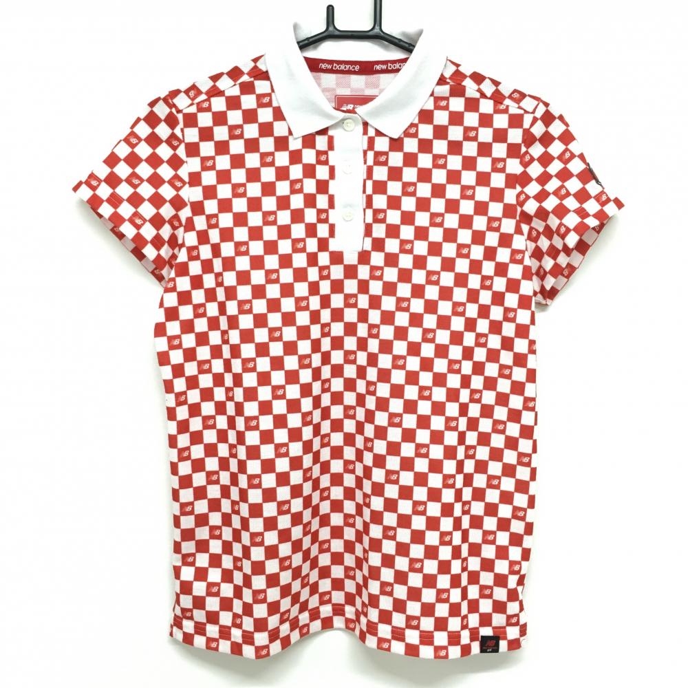 【美品】ニューバランスゴルフ 半袖ポロシャツ レッド×白 ブロックチェック ロゴ総柄 レディース 2(L) ゴルフウェア New Balance