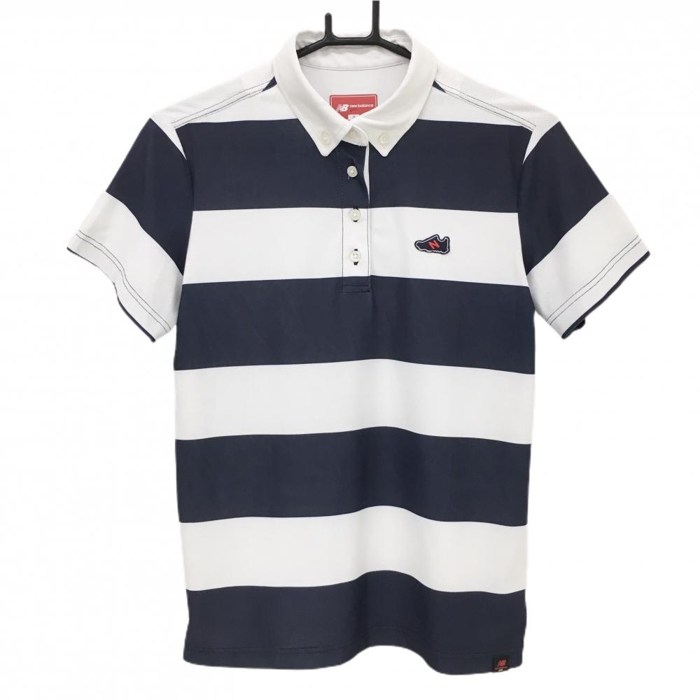 ニューバランスゴルフ 半袖ポロシャツ 白×ネイビー ボーダー ボタンダウン レディース 2(L) ゴルフウェア New Balance