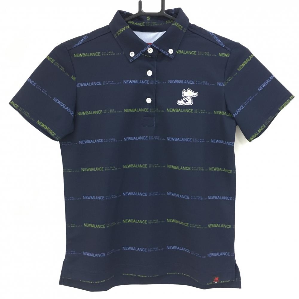 【超美品】ニューバランスゴルフ 半袖ポロシャツ ネイビー×イエロー ロゴライン レディース 0(S) ゴルフウェア New Balance