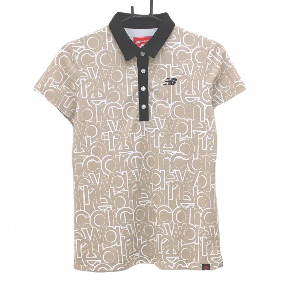 【美品】ニューバランスゴルフ 半袖ポロシャツ ベージュ×白 英字総柄 ロゴ黒 レディース 1(M) ゴルフウェア 2023年モデル New Balance