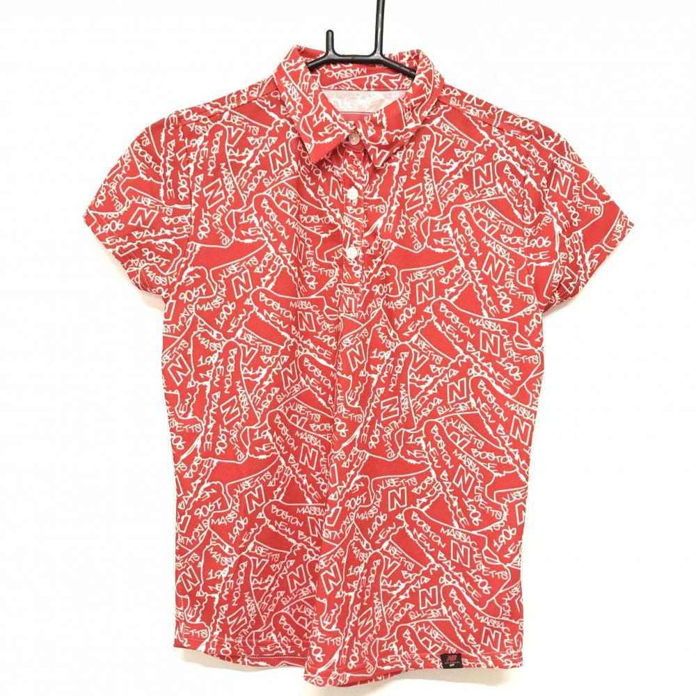 【超美品】ニューバランスゴルフ 半袖ポロシャツ レッド×白 総柄 スニーカー レディース 0(S) ゴルフウェア New Balance