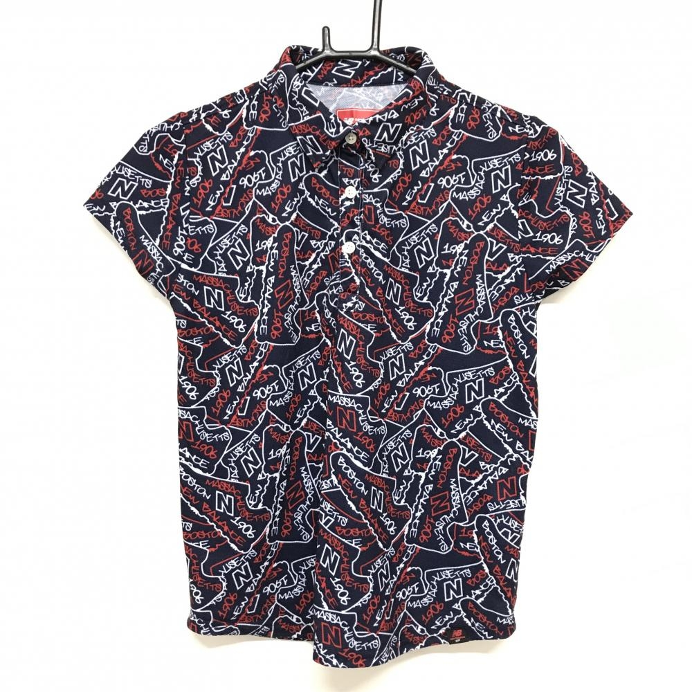 【超美品】ニューバランスゴルフ 半袖ポロシャツ ネイビー×白×レッド 総柄 スニーカー レディース 0(S) ゴルフウェア New Balance