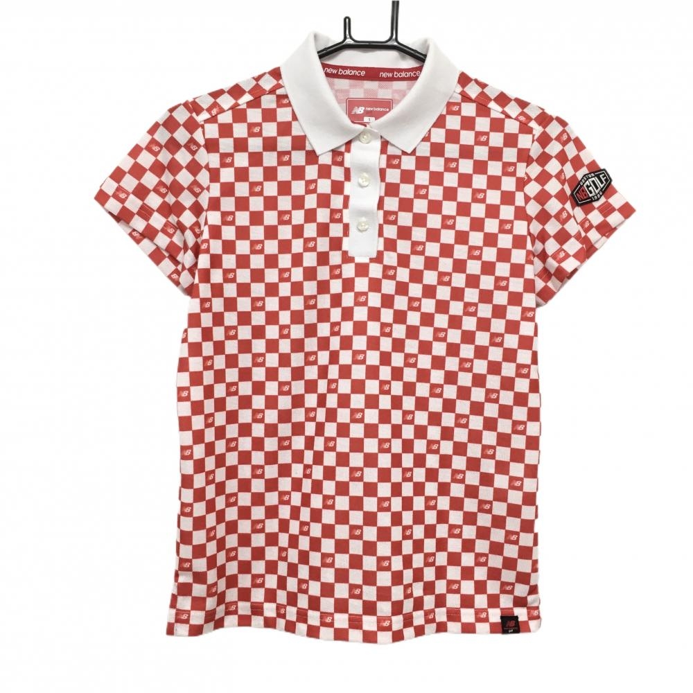 ニューバランスゴルフ 半袖ポロシャツ 白×レッド ブロック柄 袖ワッペン レディース 1(M) ゴルフウェア New Balance