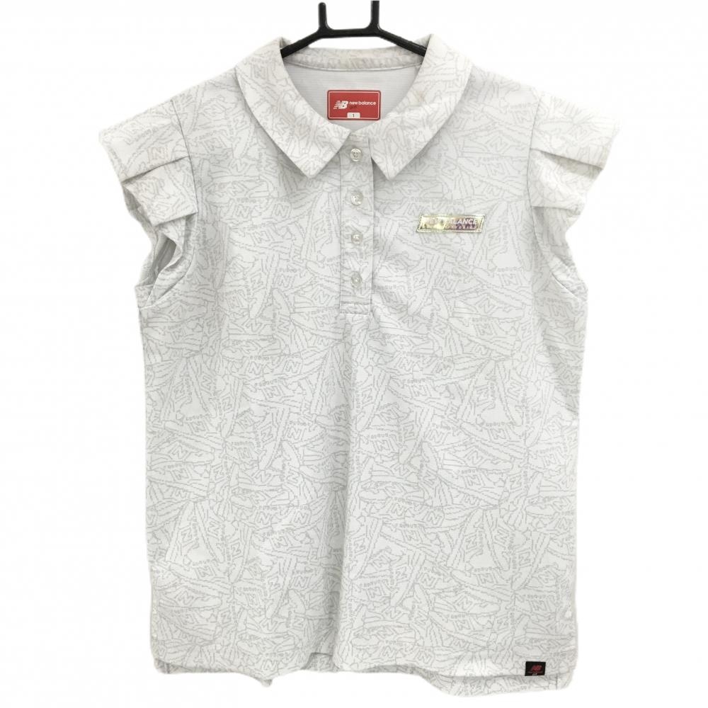 ニューバランスゴルフ 半袖ポロシャツ 白×グレー スニーカー総柄 袖フリル  レディース 1(M) ゴルフウェア New Balance