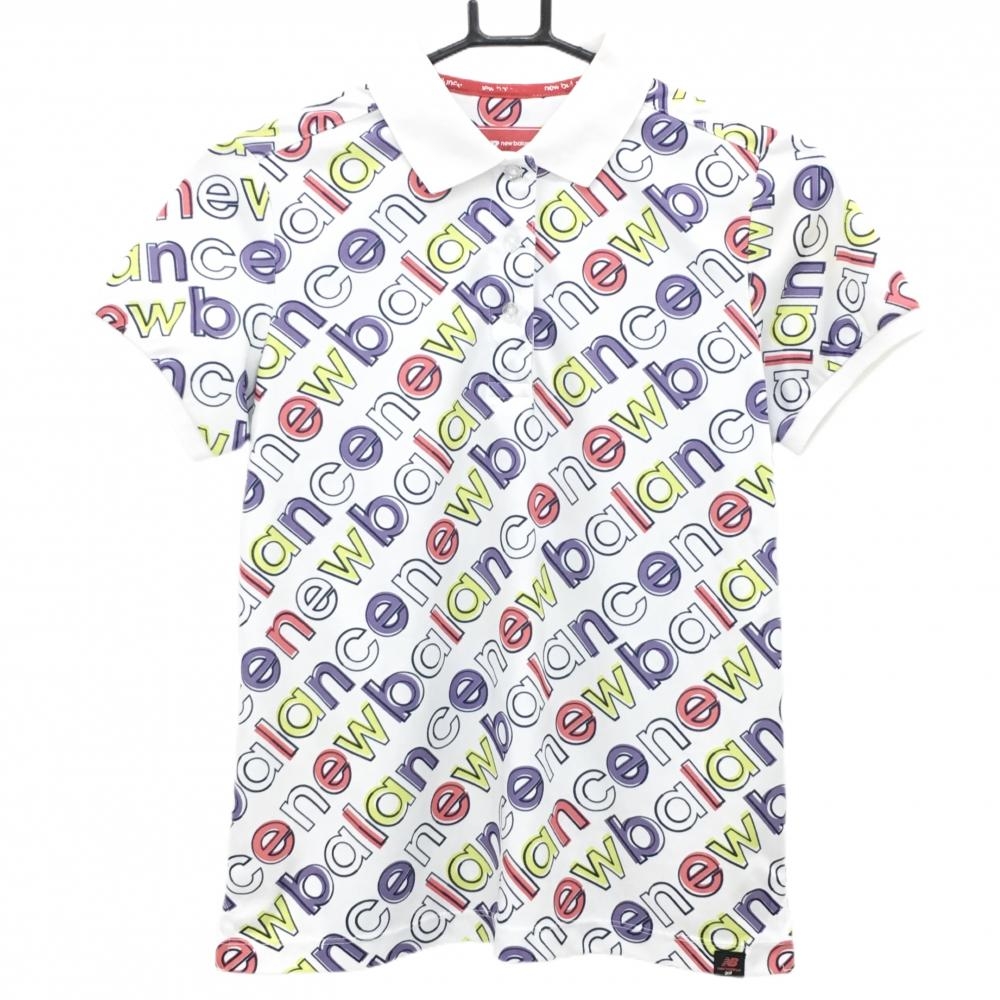 ニューバランスゴルフ 半袖ポロシャツ 白×パープル×ピンク 英字ロゴ総柄 レディース 1(M) ゴルフウェア New Balance