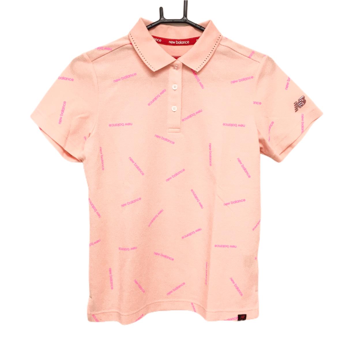 【超美品】ニューバランスゴルフ 半袖ポロシャツ サーモンピンク×蛍光ピンク ロゴ総柄  レディース 2(L) ゴルフウェア New Balance