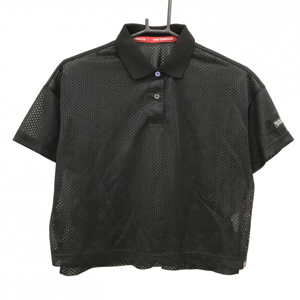 【美品】ニューバランスゴルフ 半袖ポロシャツ 黒 メッシュ 袖ロゴ レディース 1(M) ゴルフウェア New Balance