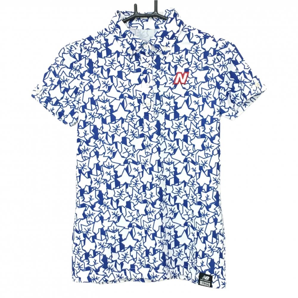 【美品】ニューバランス 半袖ポロシャツ 白×ブルー 総柄 リーフ ボタンダウン 胸ロゴ レディース 0(S) ゴルフウェア New Balance