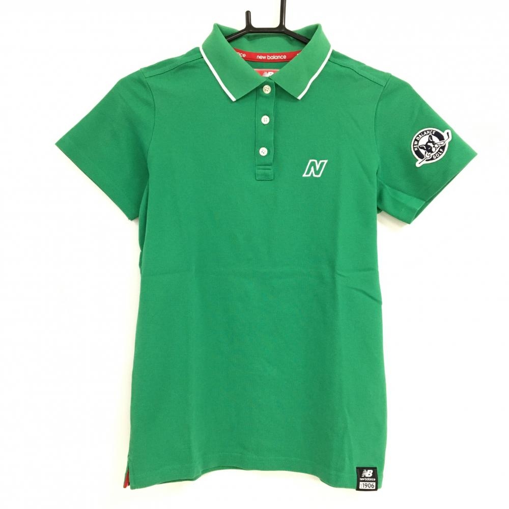 【美品】ニューバランス 半袖ポロシャツ グリーン×白 ロゴ刺しゅう 袖ワッペン レディース 1(M) ゴルフウェア New Balance