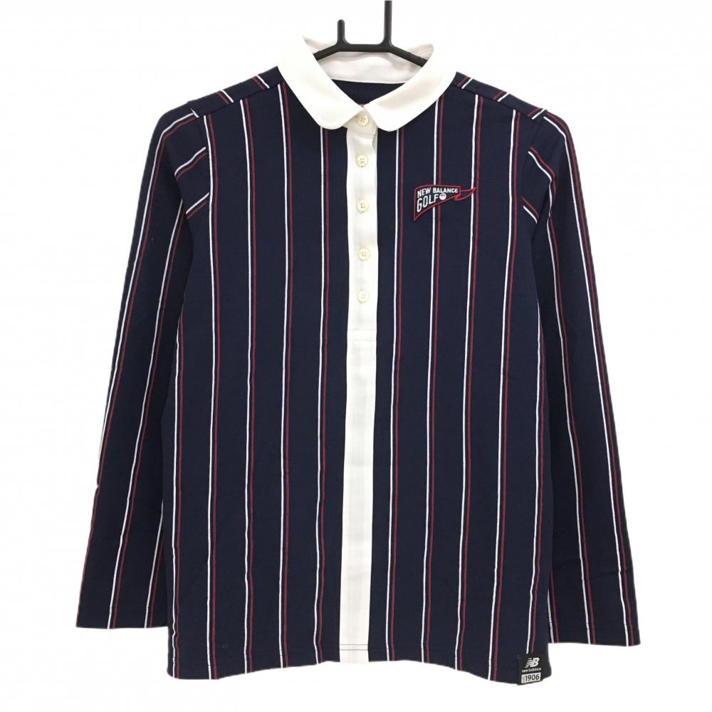【美品】ニューバランス 長袖ポロシャツ ネイビー×白 ストライプ フラッグワッペン レディース 2(L) ゴルフウェア New Balance