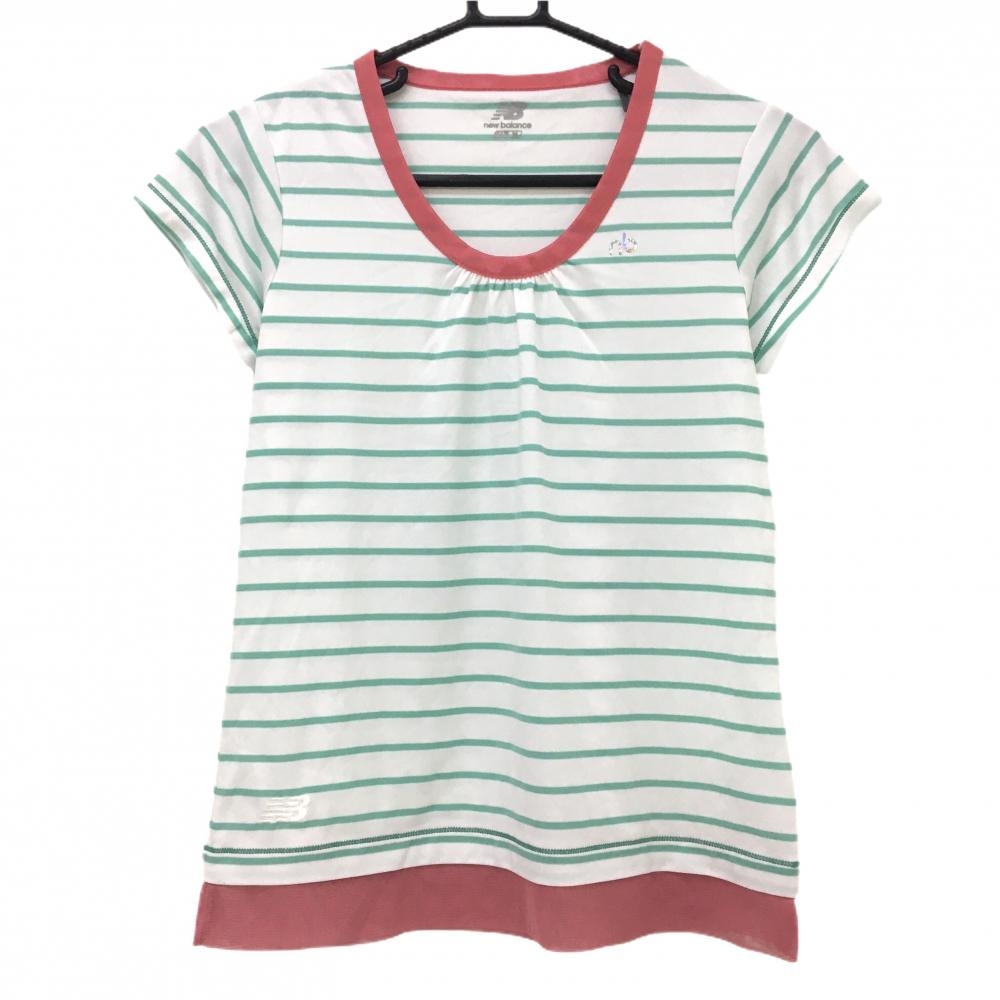 【超美品】ニューバランス Tシャツ 白×ライトグリーン ボーダー 裾メッシュ  レディース M ゴルフウェア New Balance
