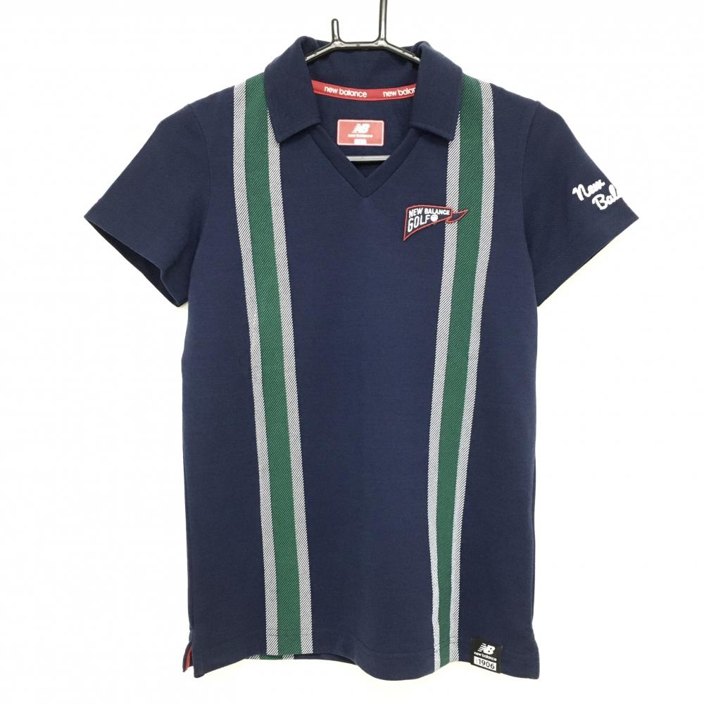 【超美品】ニューバランス 半袖スキッパーシャツ ネイビー×グリーン 一部ストライプ レディース 0(S) ゴルフウェア New Balance