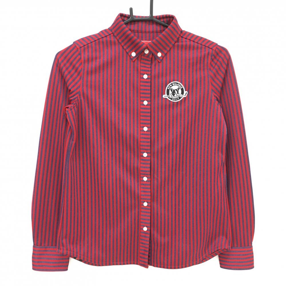 【超美品】ニューバランスゴルフ 長袖シャツ レッド×ネイビー ストライプ ボタンダウン レディース 0(S) ゴルフウェア New Balance
