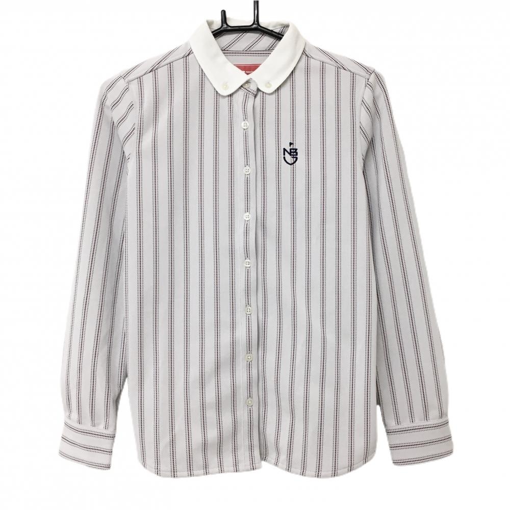 【美品】ニューバランスゴルフ 長袖シャツ ライトグレー×ボルドー ストライプ調 ロゴ刺しゅう  レディース 1(M) ゴルフウェア New Balance