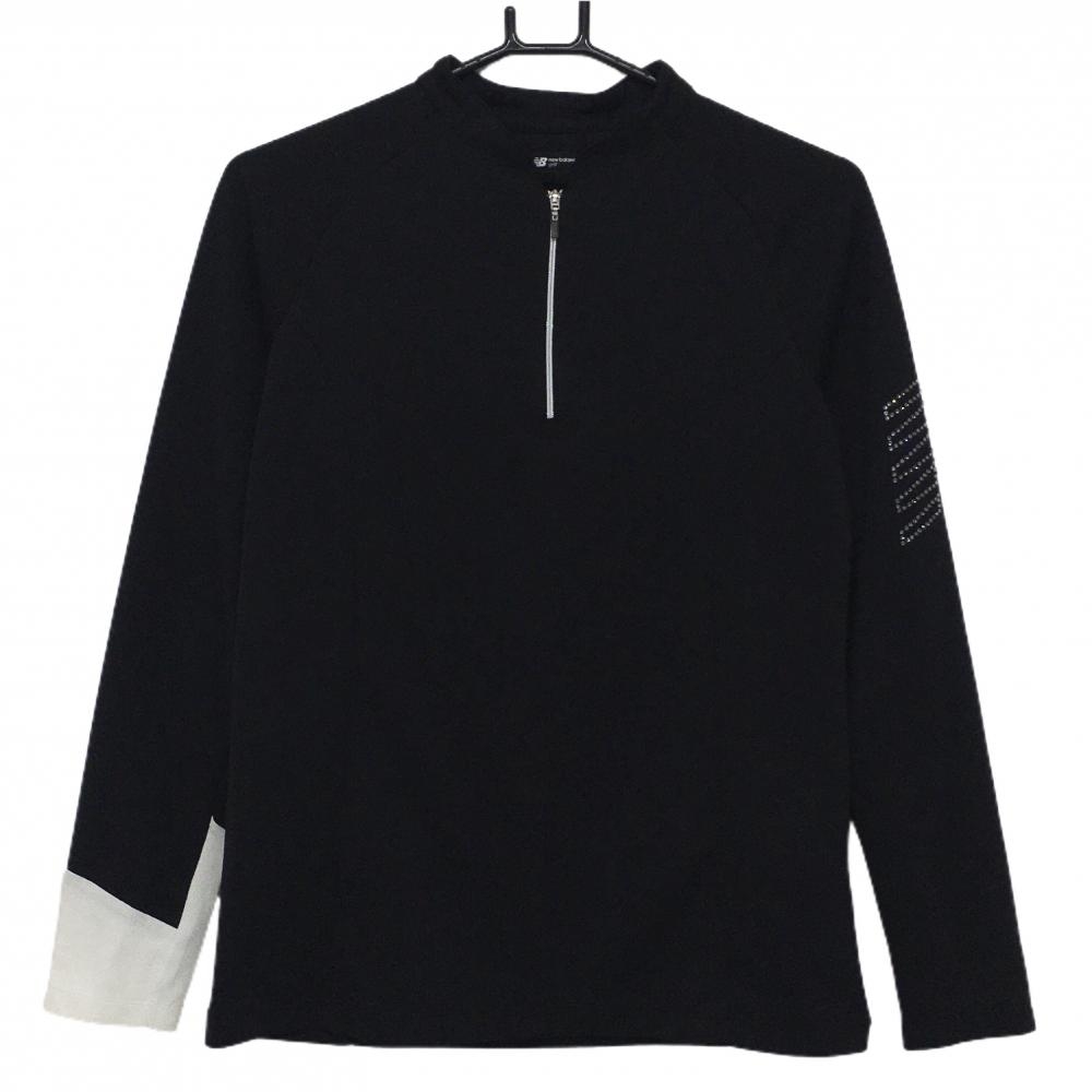 【美品】ニューバランスゴルフ 長袖シャツ 黒 ハーフジップ 袖ラインストーン レディース 2(L) ゴルフウェア New Balance