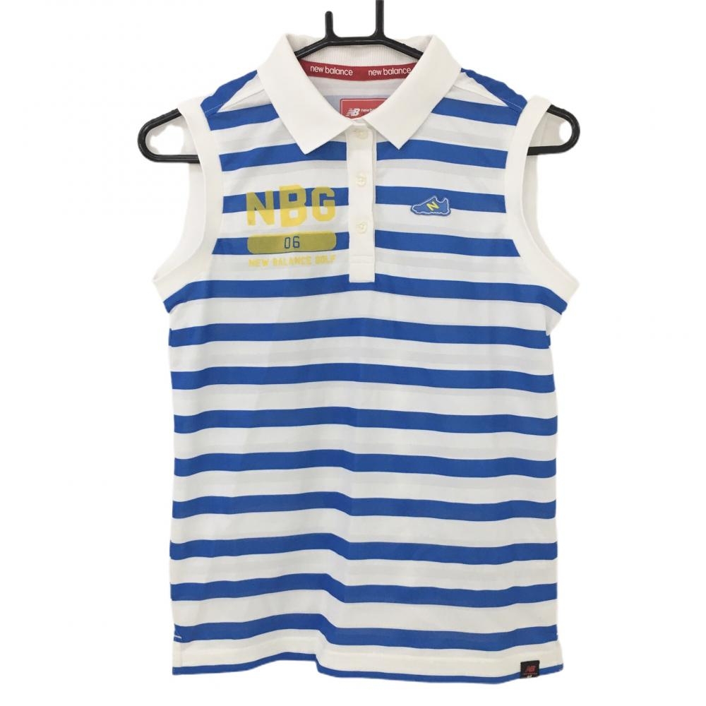 【美品】ニューバランス ノースリーブポロシャツ 白×ブルー ボーダー シューズワッペン  レディース 1(M) ゴルフウェア New Balance