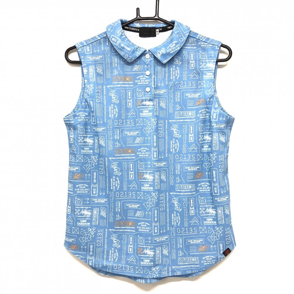 【超美品】ニューバランス ノースリーブポロシャツ ライトブルー×白 総柄 胸元ロゴ レディース 2(L) ゴルフウェア New Balance